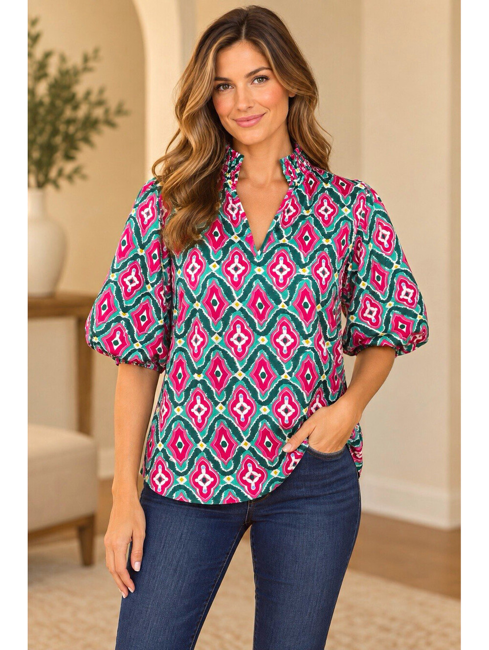 THML Women’s XS Green Pink White Geometric V-Neck Puff Sleeve Smocked Blouse
